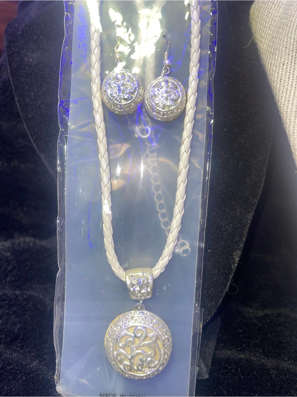 Elegant White Braided Necklace and Silver Filigree Pendant Set